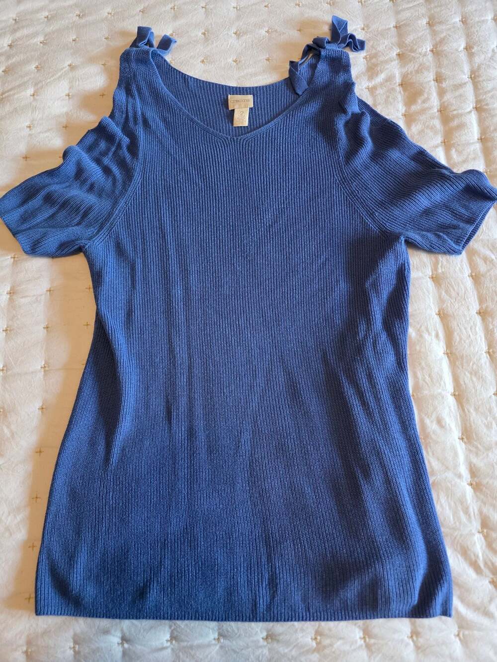 Chico's Blue Ribbed Cold Shoulder Sweater with Shoulder Ties